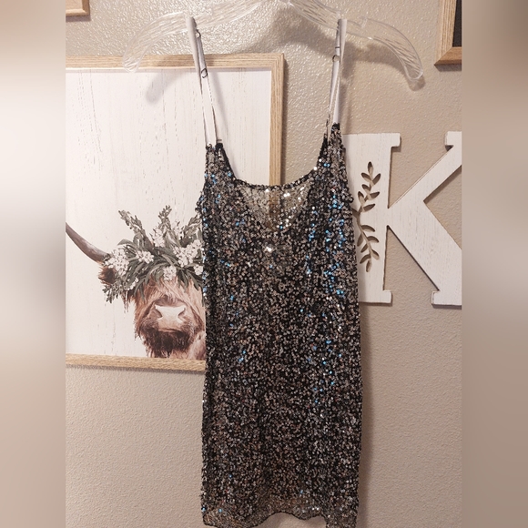 FREE PEOPLE Sequin Mesh Black Slip Dress - Picture 1 of 3